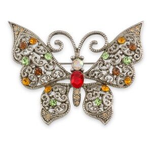 Vintage Butterfly Brooch Multicolor Rhinestone Silver Tone Extra Large Pin